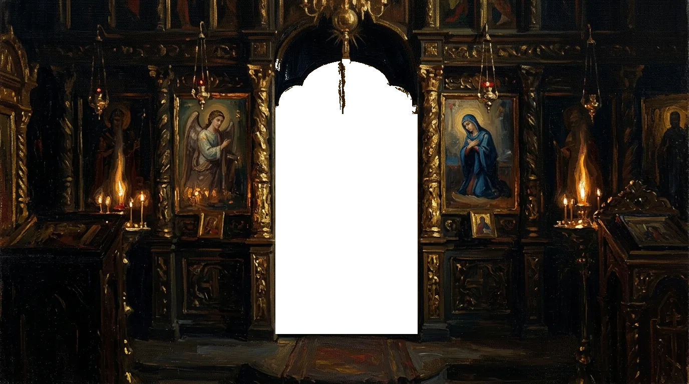 Oil painting: the gilded Royal Doors of a candlelit iconostasis, the Archangel Gabriel and the Theotokos of the Annunciation on either side, with his logo in the round medallion at the centre of the doors.