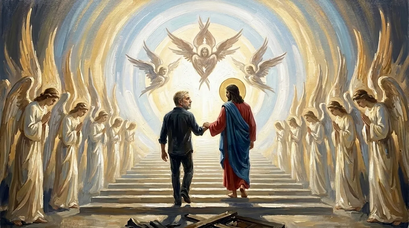 Oil painting: Giorgos and Christ walk hand in hand up white steps into a mandorla of light, angels lining the way and seraphim above them.